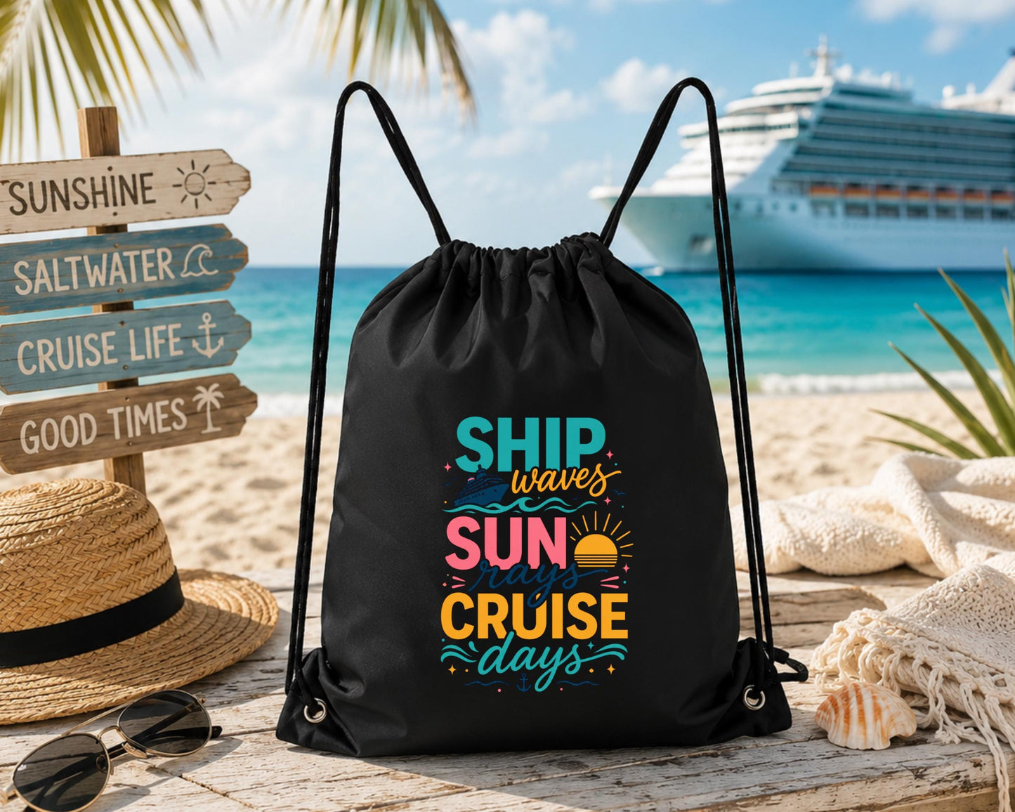 Close-up of the colorful "Ship Waves, Sun Rays, Cruise Days" graphic printed with vibrant DTF printing on a white drawstring backpack.