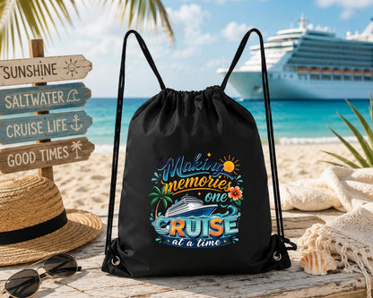Close-up of the vibrant cruise-themed artwork with a cruise ship, palm trees, tropical flowers, waves, and the phrase "Making Memories One Cruise at a Time."