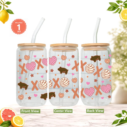 Cafecito y Chisme Glass Cup 16oz with Glass Straw and Bamboo Lid Coffee lover gifts