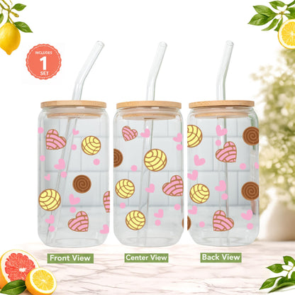 Cafecito y Chisme Glass Cup 16oz with Glass Straw and Bamboo Lid Coffee lover gifts