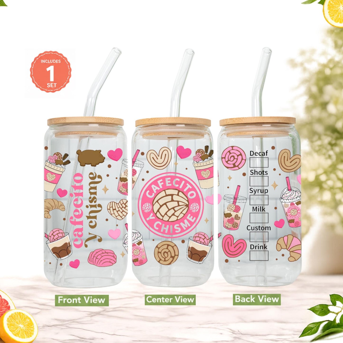 Cafecito y Chisme Glass Cup 16oz with Glass Straw and Bamboo Lid Coffee lover gifts