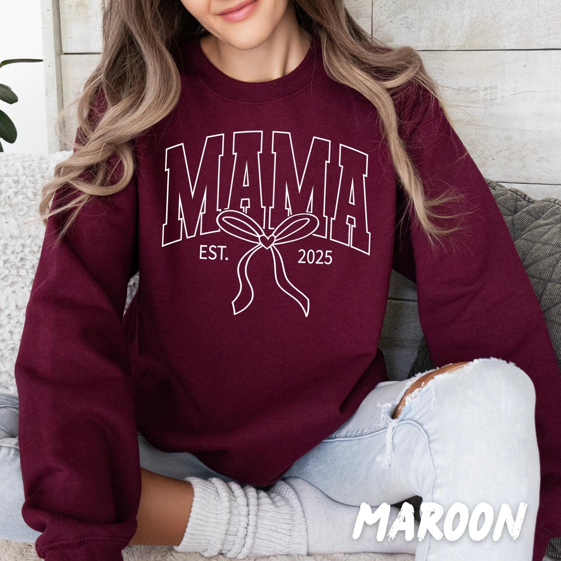 Mama Bow Sweatshirt, Coquette Mama Crewneck, Pink Varsity Mama Sweatshirt, Mother's Day Gift, Custom EST. Mom Crewneck, Gift for Mom