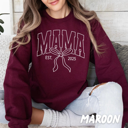 Mama Bow Sweatshirt, Coquette Mama Crewneck, Pink Varsity Mama Sweatshirt, Mother's Day Gift, Custom EST. Mom Crewneck, Gift for Mom