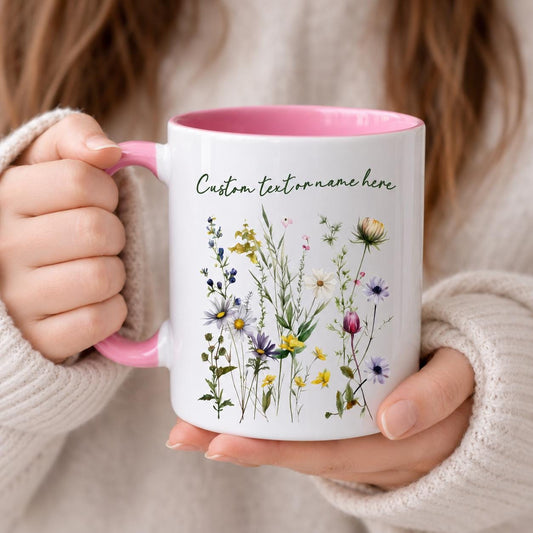 Personalized Floral Mug, Pink Handle Coffee Cup, Custom Name Gift