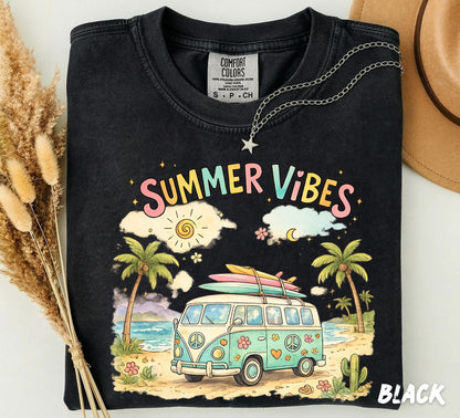 Comfort Colors® Summer Vibes Retro Beach Van Shirt, Groovy Summer Tee, Watercolor Hippie Camper T-Shirt, Cute Vacation Tee, Boho Surf Shirt