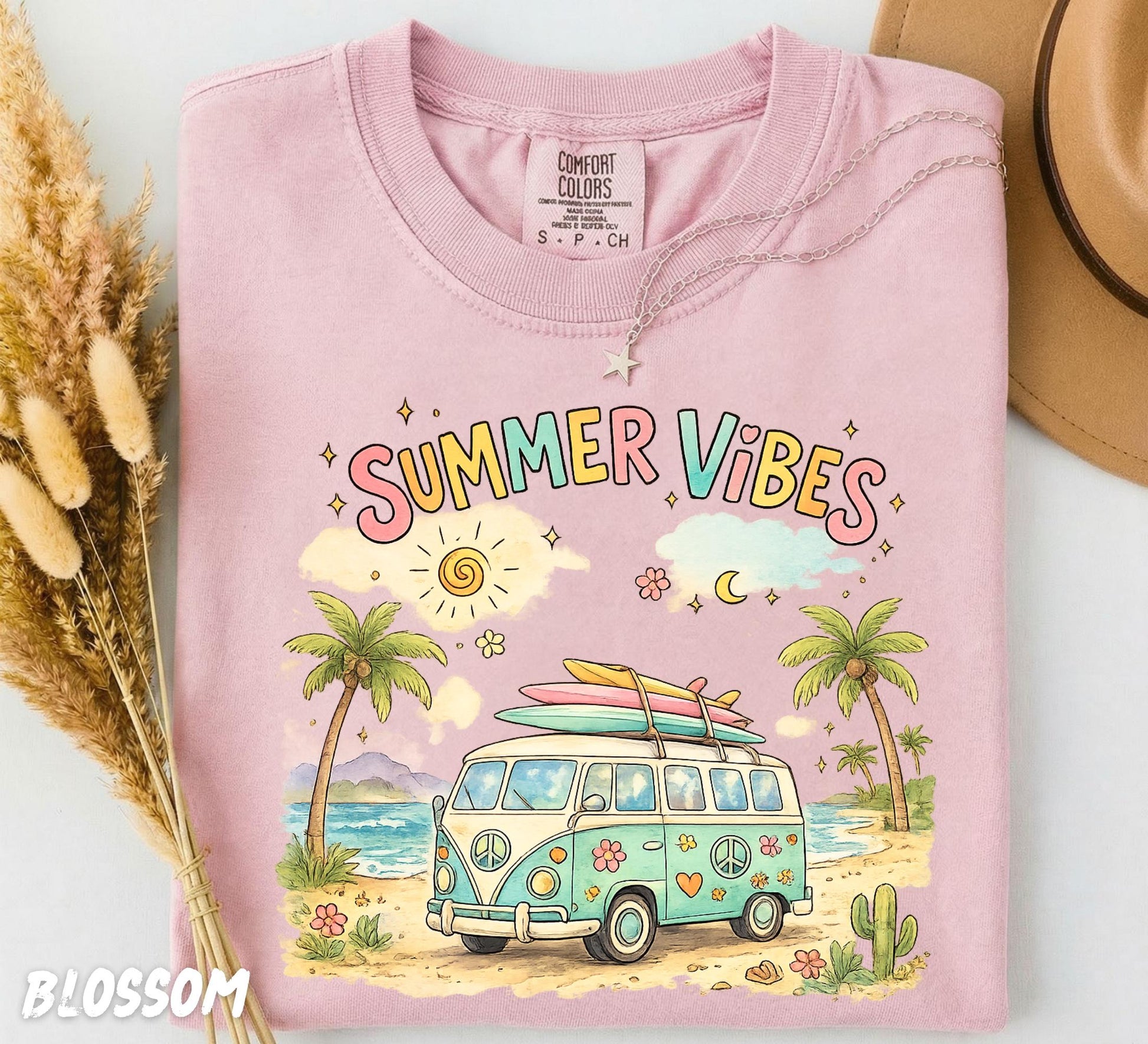 Comfort Colors® Summer Vibes Retro Beach Van Shirt, Groovy Summer Tee, Watercolor Hippie Camper T-Shirt, Cute Vacation Tee, Boho Surf Shirt