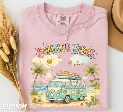 Comfort Colors® Summer Vibes Retro Beach Van Shirt, Groovy Summer Tee, Watercolor Hippie Camper T-Shirt, Cute Vacation Tee, Boho Surf Shirt