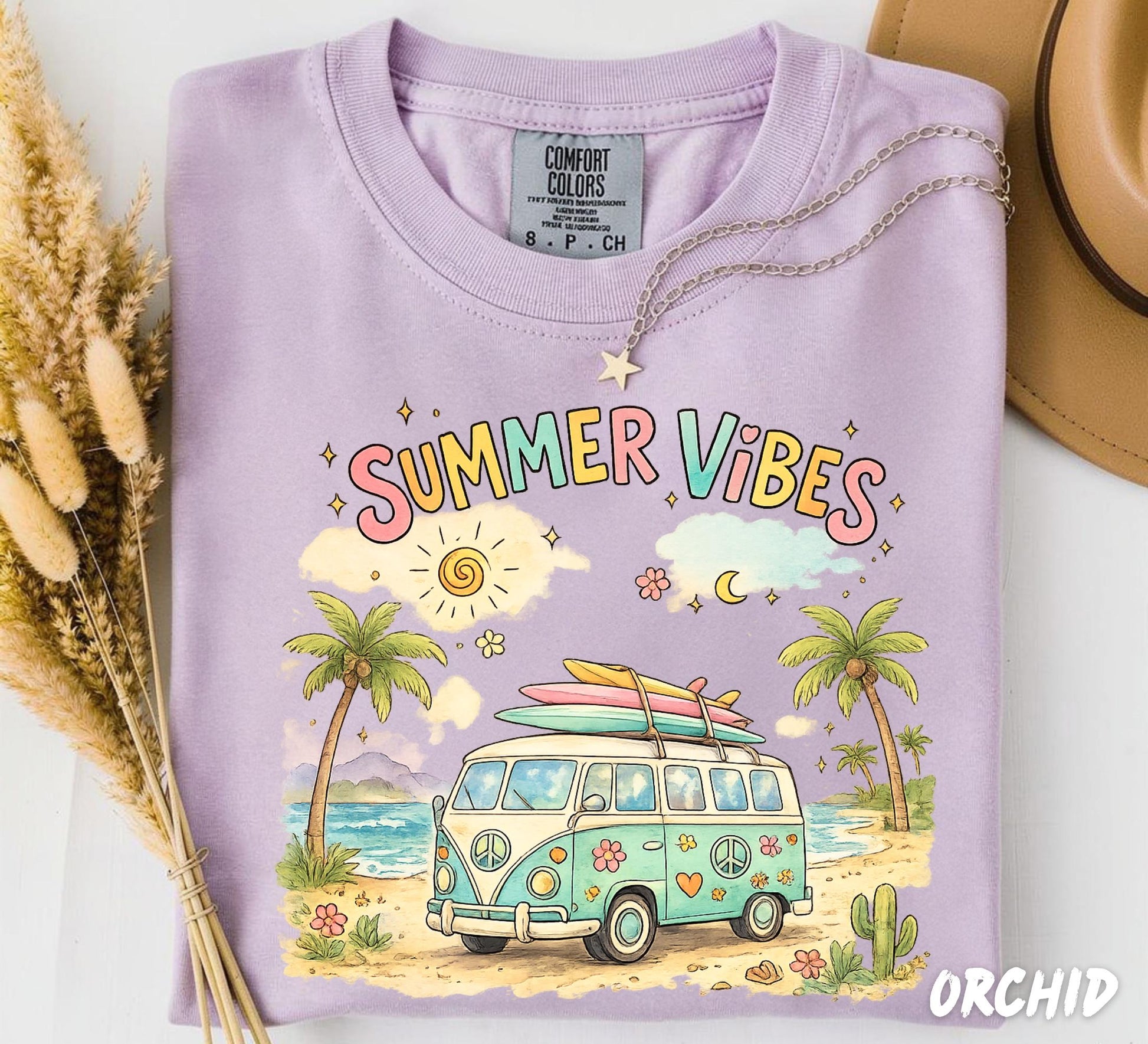 Comfort Colors® Summer Vibes Retro Beach Van Shirt, Groovy Summer Tee, Watercolor Hippie Camper T-Shirt, Cute Vacation Tee, Boho Surf Shirt