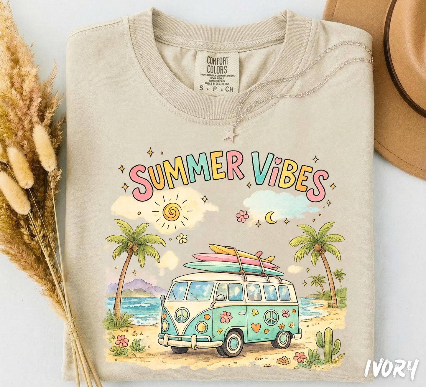 Comfort Colors® Summer Vibes Retro Beach Van Shirt, Groovy Summer Tee, Watercolor Hippie Camper T-Shirt, Cute Vacation Tee, Boho Surf Shirt
