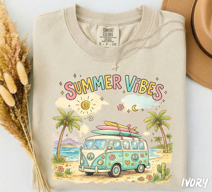 Comfort Colors® Summer Vibes Retro Beach Van Shirt, Groovy Summer Tee, Watercolor Hippie Camper T-Shirt, Cute Vacation Tee, Boho Surf Shirt