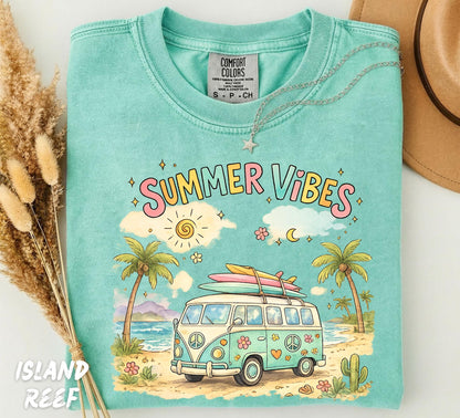 Comfort Colors® Summer Vibes Retro Beach Van Shirt, Groovy Summer Tee, Watercolor Hippie Camper T-Shirt, Cute Vacation Tee, Boho Surf Shirt