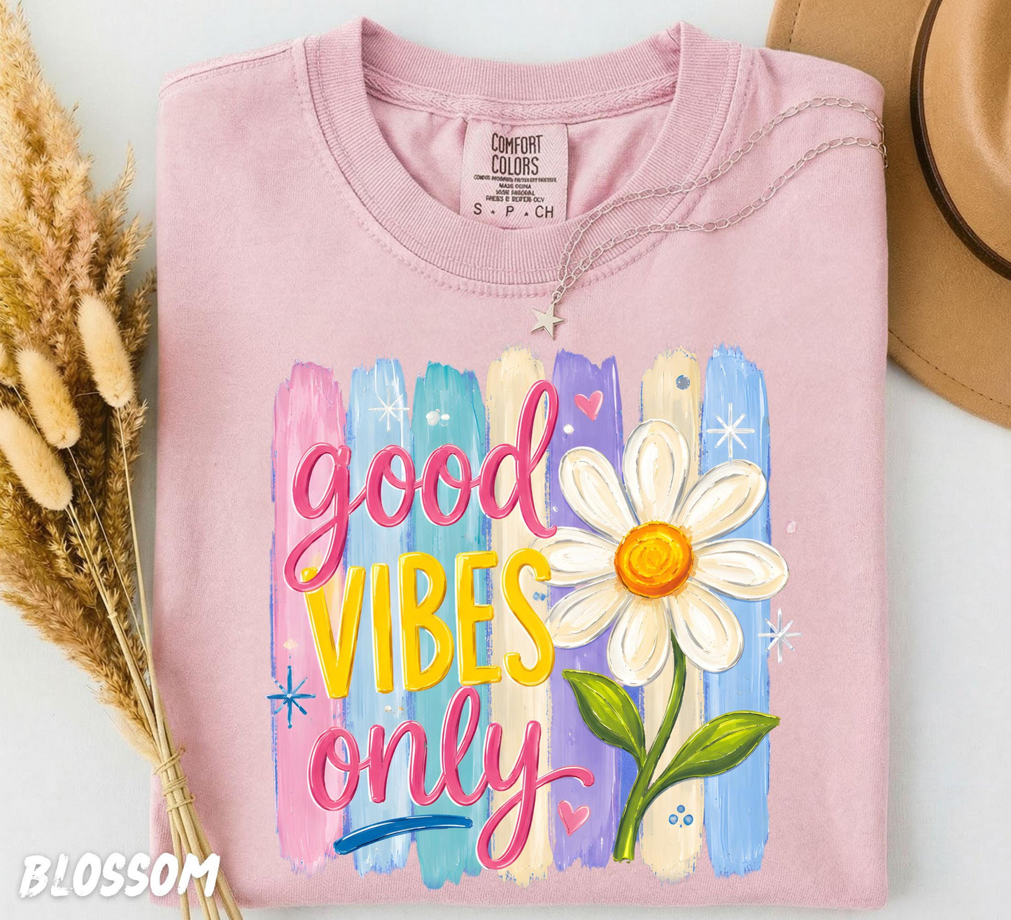 Comfort Colors® Good Vibes Only Shirt, Retro Daisy Graphic Tee, Colorful Boho Floral T-Shirt, Groovy Summer Shirt, Positive Quote Tee