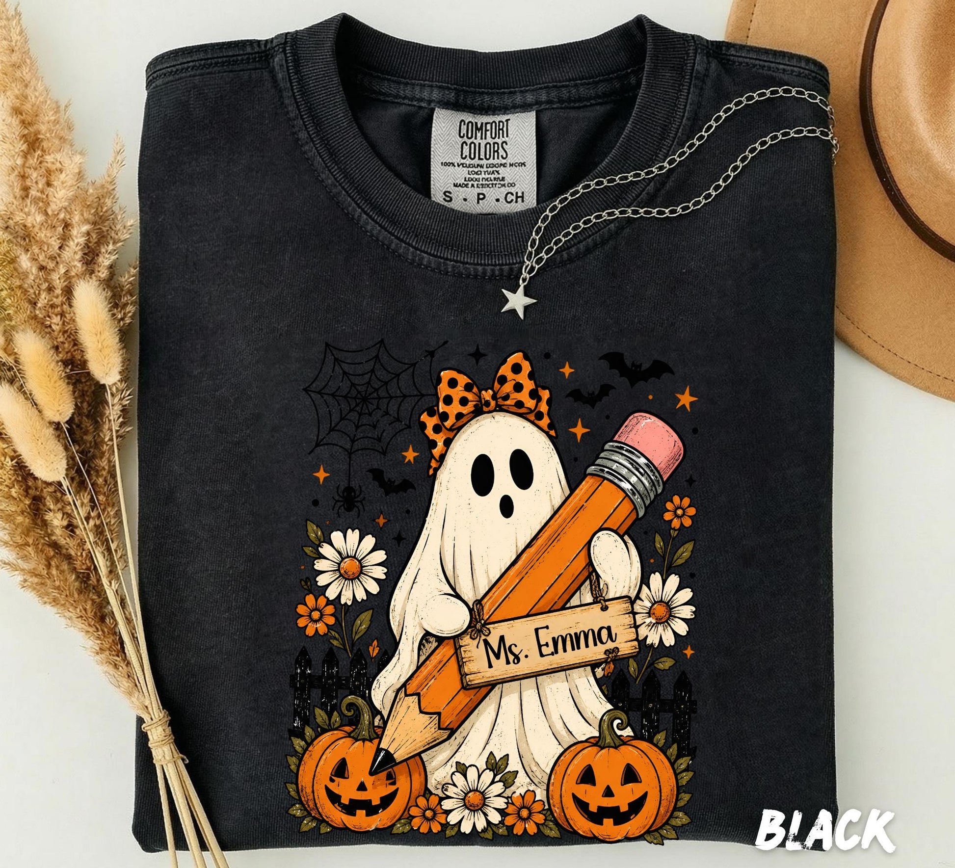 Comfort Colors® Personalized Back to School Ghost Shirt, Custom Name Kids Halloween Shirt, First Day of School Shirt, Ghost Spooky Tee