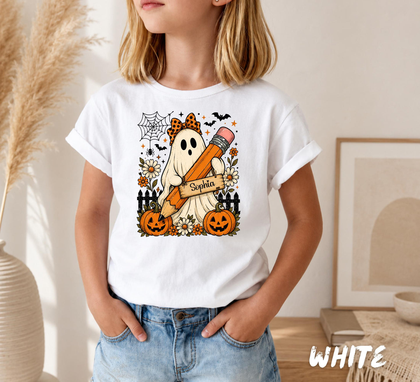 Comfort Colors® Personalized Back to School Ghost Shirt, Custom Name Kids Halloween Shirt, First Day of School Shirt, Ghost Spooky Tee