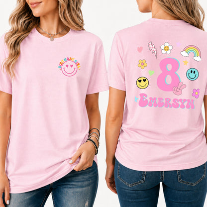 Custom birthday outfit for girls with personalized name and age printed on the back, perfect for birthday parties and matching family shirts.
