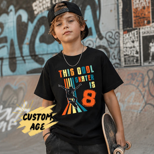Boy wearing a red personalized skater birthday shirt featuring a retro skateboard design with a customizable age, perfect for a skateboard-themed birthday party.