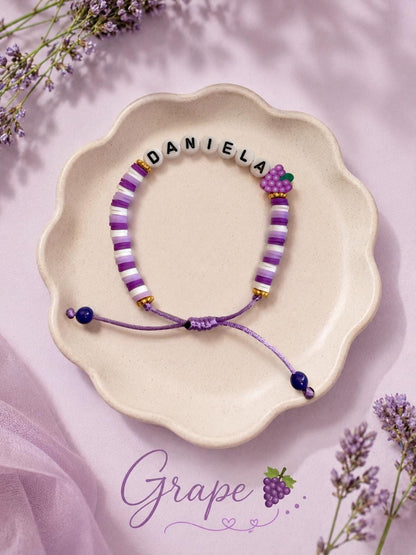 Personalized Name Bracelet, Custom Clay Bead Bracelet, Fruit Charm Bracelet, Adjustable Friendship Bracelet, Kids Bracelet, Teacher Gift