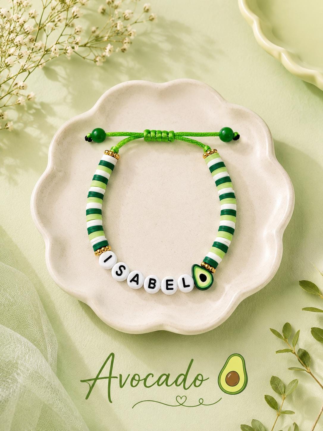 Collection of colorful personalized friendship bracelets with fruit charms.