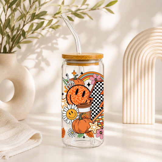 Retro Seasonal Glass Can Cup with Bamboo Lid & Glass Straw, Fall Pumpkin Cup, Pink Christmas Cup, Vintage Holiday ,20 oz Libbey Glass Cup