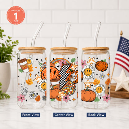 Retro Seasonal Glass Can Cup with Bamboo Lid & Glass Straw, Fall Pumpkin Cup, Pink Christmas Cup, Vintage Holiday ,20 oz Libbey Glass Cup