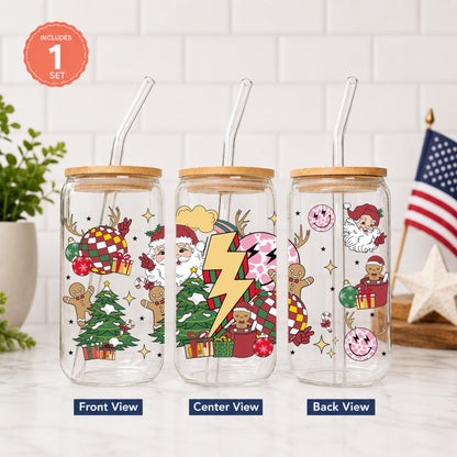 Retro Seasonal Glass Can Cup with Bamboo Lid & Glass Straw, Fall Pumpkin Cup, Pink Christmas Cup, Vintage Holiday ,20 oz Libbey Glass Cup