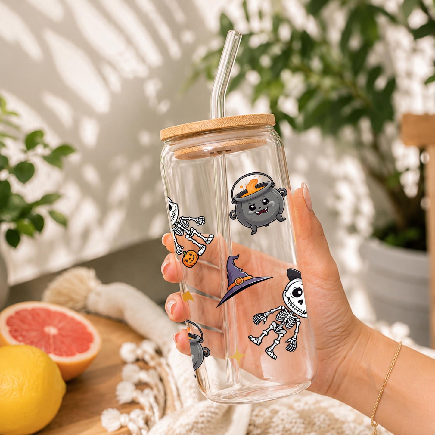 Halloween Glass Cup with Bamboo Lid & Glass Straw, Cute Ghost Cup, Skeleton Iced Coffee Glass, Pumpkin Halloween Tumbler, Spooky Gift