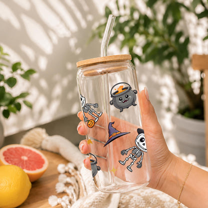 Halloween Glass Cup with Bamboo Lid & Glass Straw, Cute Ghost Cup, Skeleton Iced Coffee Glass, Pumpkin Halloween Tumbler, Spooky Gift