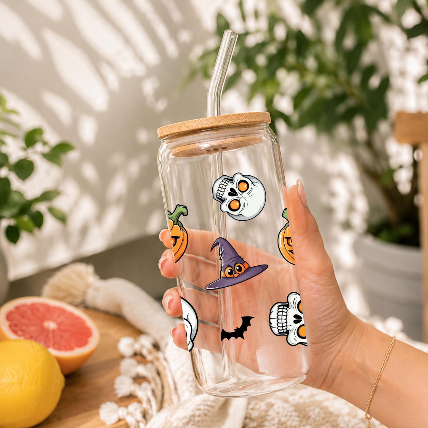 Halloween Glass Cup with Bamboo Lid & Glass Straw, Cute Ghost Cup, Skeleton Iced Coffee Glass, Pumpkin Halloween Tumbler, Spooky Gift