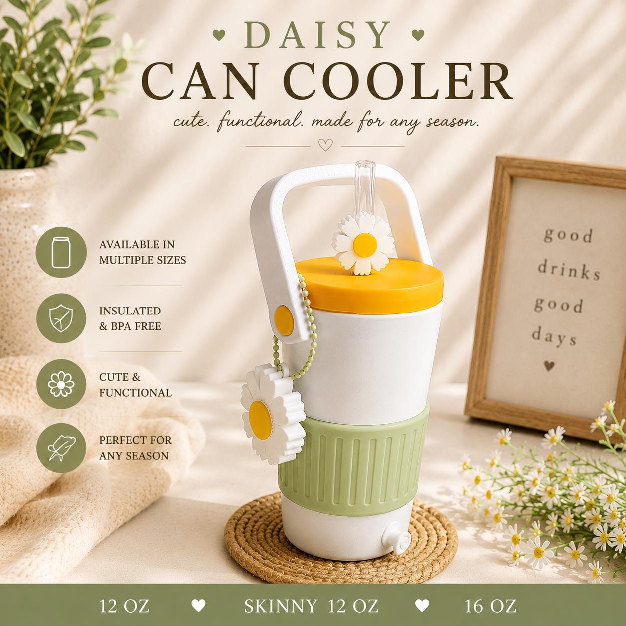 Cute white and sage green daisy insulated can cooler with yellow lid, glass straw, matching daisy straw topper and daisy can opener. Available in 12 oz skinny, 12 oz regular and 16 oz sizes. Individual accessories or complete matching bundle available.