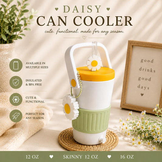 Cute white and sage green daisy insulated can cooler with yellow lid, glass straw, matching daisy straw topper and daisy can opener. Available in 12 oz skinny, 12 oz regular and 16 oz sizes. Individual accessories or complete matching bundle available.
