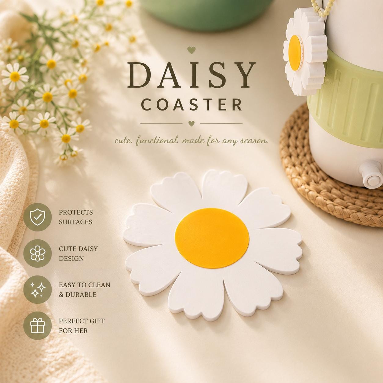 Daisy Can Cooler with Straw Topper and Can Opener | 12 oz Skinny, 12 oz Regular & 16 oz | Cute Gift | Drink Holder | Flowers Lover Gift