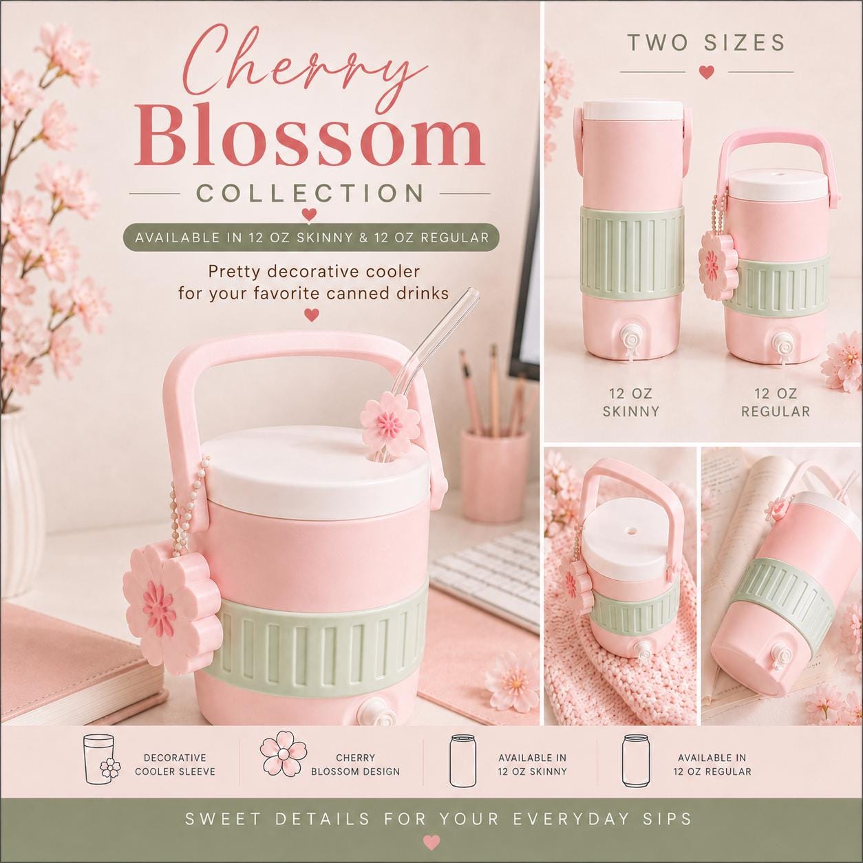 Cherry Blossom Can Cooler, 12 oz Regular or Skinny Can Holder, Floral Drink Accessory, Pink 3D Printed Cooler, Cute Gift