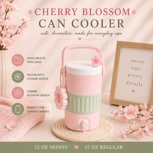 Cherry Blossom Can Cooler, 12 oz Regular or Skinny Can Holder, Floral Drink Accessory, Pink 3D Printed Cooler, Cute Gift