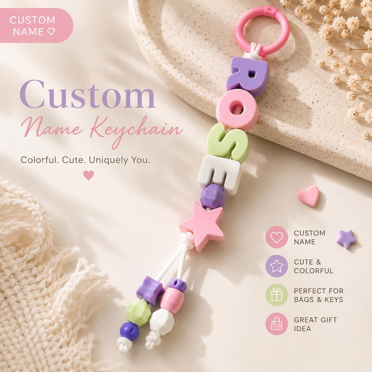 Personalized pastel name bag charms made with colorful matte PLA letter beads, custom keychains with star and heart accents.