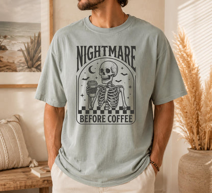 Comfort Colors® Skeleton Coffee Shirt, Spooky Coffee Lover Tee, Halloween Shirt, Retro Skeleton Graphic Tee, Spooky Coffee Lover Tee