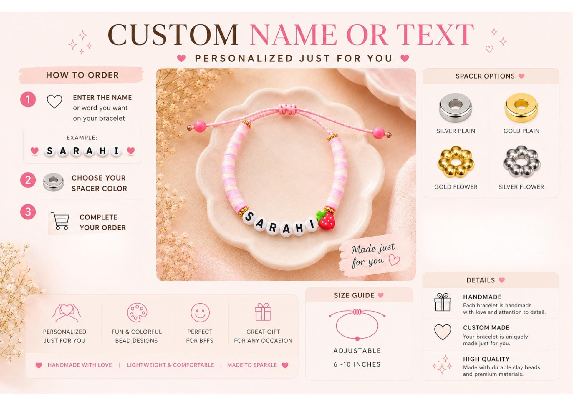 Step-by-step ordering guide for personalized fruit charm bracelet with spacer options.
