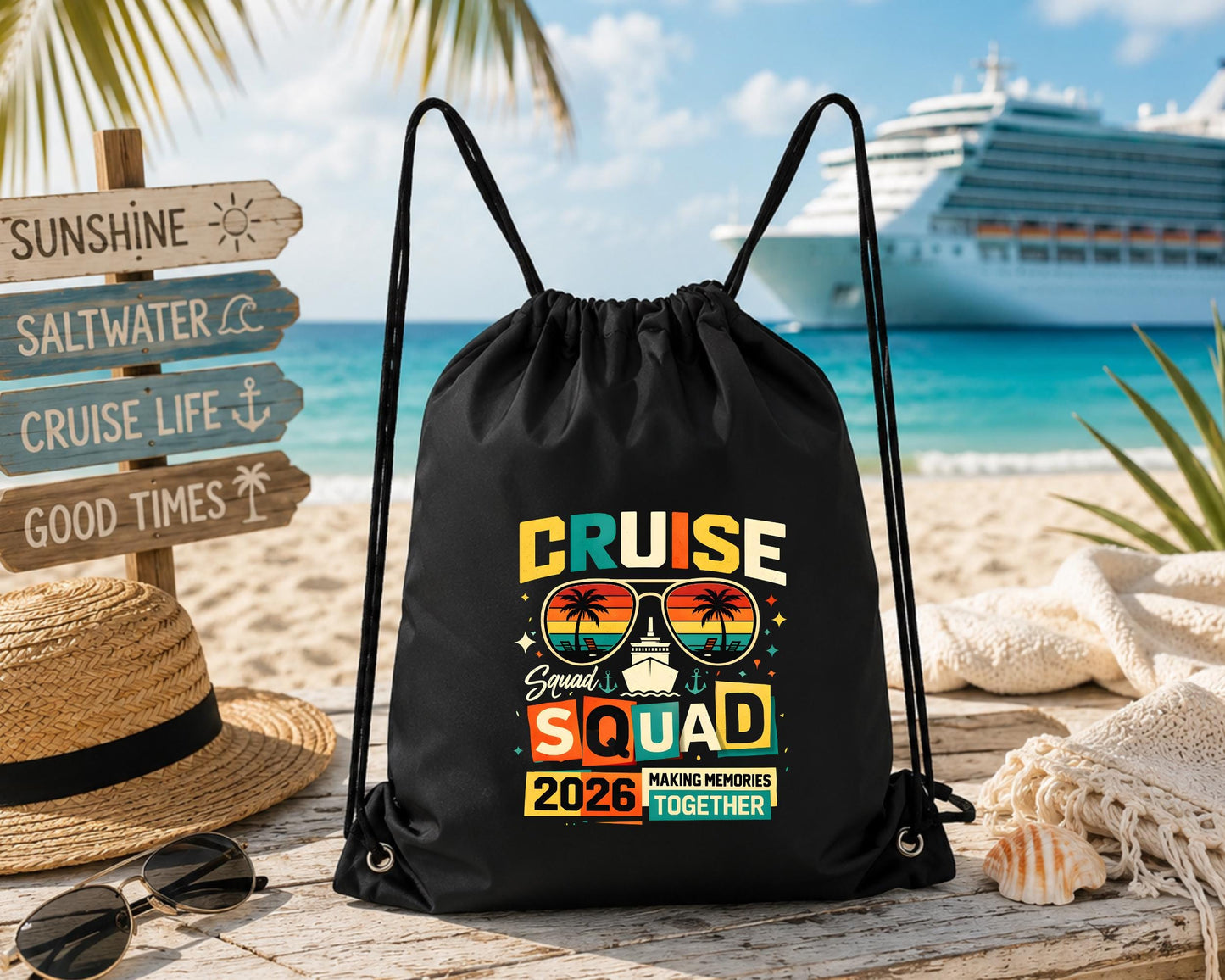 Black drawstring backpack featuring a colorful retro "Cruise Squad 2026" design displayed on a tropical beach with a cruise ship in the background.