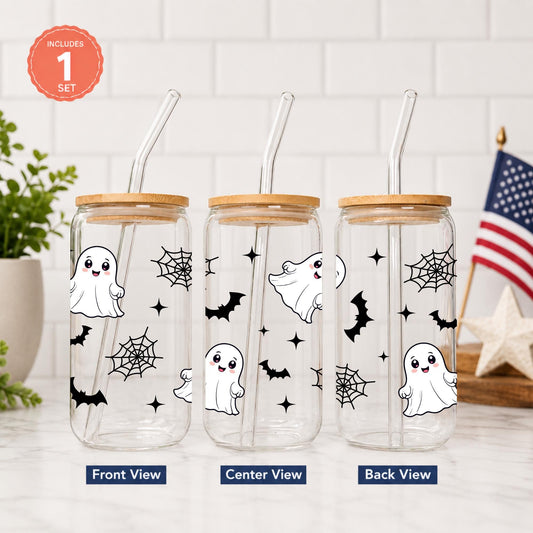 Halloween Glass Cup with Bamboo Lid & Glass Straw, Cute Ghost Cup, Skeleton Iced Coffee Glass, Pumpkin Halloween Tumbler, Spooky Gift