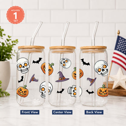 Halloween Glass Cup with Bamboo Lid & Glass Straw, Cute Ghost Cup, Skeleton Iced Coffee Glass, Pumpkin Halloween Tumbler, Spooky Gift