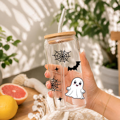 Halloween Glass Cup with Bamboo Lid & Glass Straw, Cute Ghost Cup, Skeleton Iced Coffee Glass, Pumpkin Halloween Tumbler, Spooky Gift