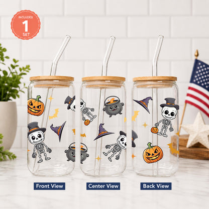 Halloween Glass Cup with Bamboo Lid & Glass Straw, Cute Ghost Cup, Skeleton Iced Coffee Glass, Pumpkin Halloween Tumbler, Spooky Gift