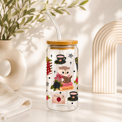 Dark Academia Glass Cup with Bamboo Lid and Glass Straw, Book Lover Iced Coffee Cup, Gothic Coffee Glass, Witchy Owl Tumbler, Reader Gift
