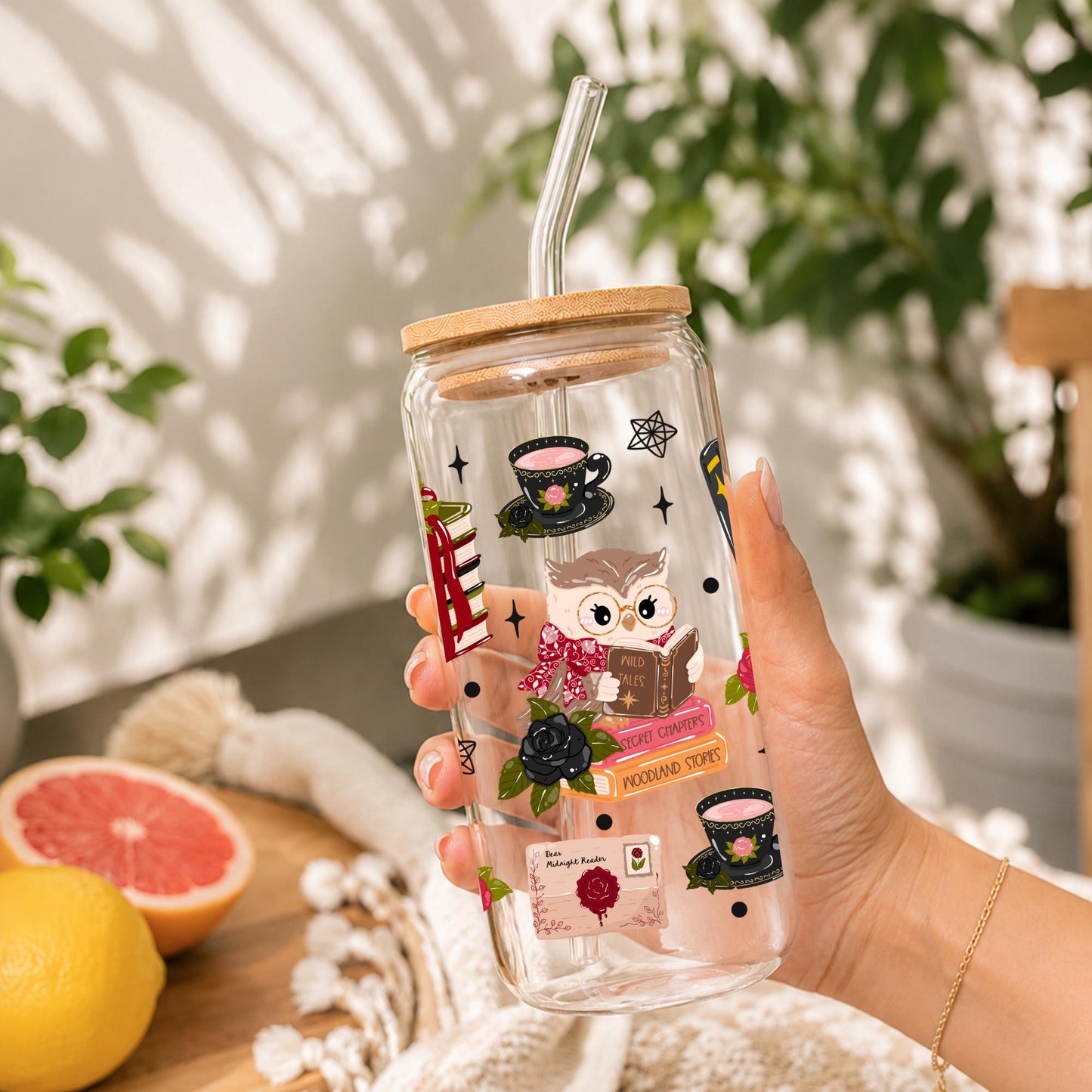 Dark Academia Glass Cup with Bamboo Lid and Glass Straw, Book Lover Iced Coffee Cup, Gothic Coffee Glass, Witchy Owl Tumbler, Reader Gift