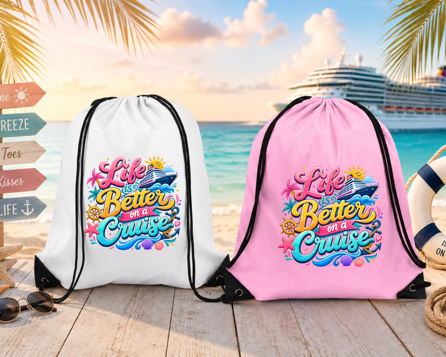Cruise Drawstring Backpack | Life Is Better On A Cruise Bag | Cruise Vacation Gift | Beach Travel Backpack | Cruise Essentials