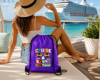 Retro-style cruise backpack with colorful vintage graphics, perfect for carrying beach and cruise essentials during a vacation.
