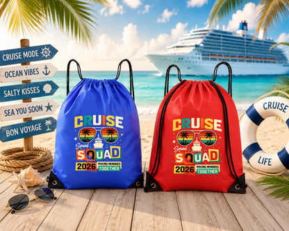 Close-up of the vibrant Cruise Squad 2026 artwork featuring retro typography, sunglasses, palm trees, and a cruise ship.