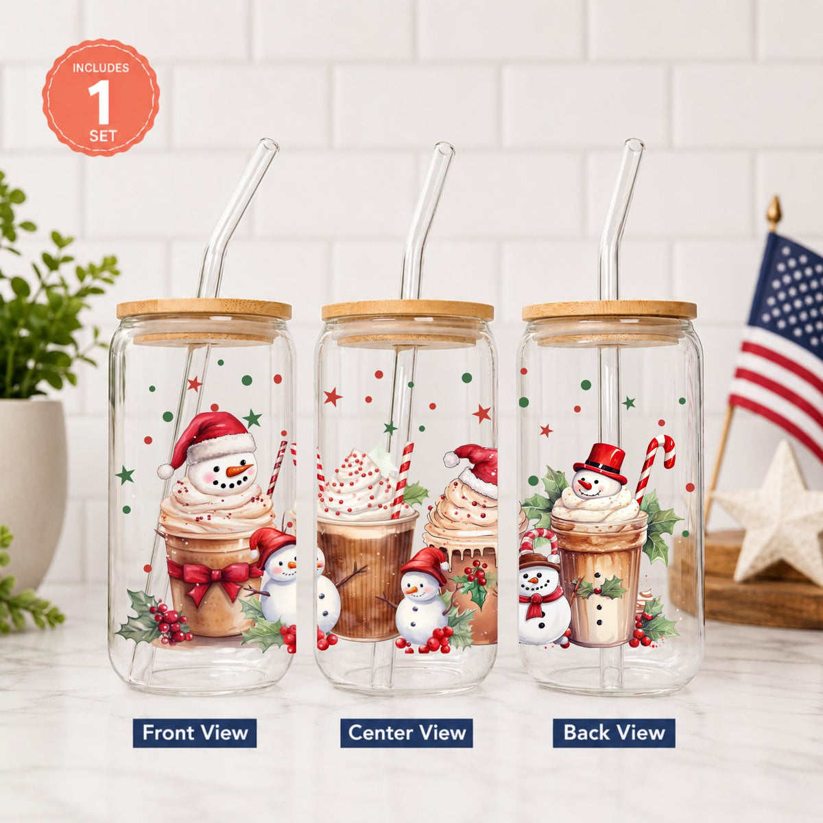 Christmas Glass Cup with Bamboo Lid & Straw, 16 oz Holiday Coffee Cup, Gingerbread Snowman Santa Iced Coffee Glass, Christmas Gift