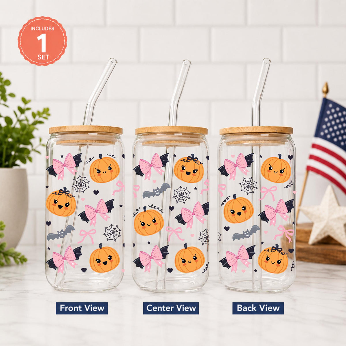 Halloween Glass Cup 20oz with Bamboo Lid and Glass Straw, Cute Ghost Pumpkin Libbey, Reusable Iced Coffee Glass Can, Spooky Season Cups