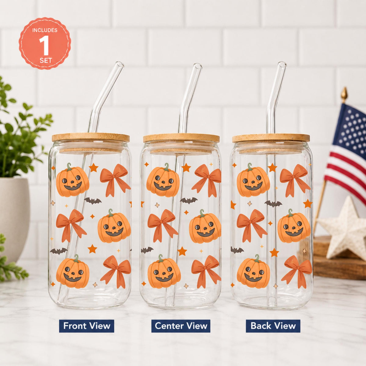 Halloween Glass Cup 20oz with Bamboo Lid and Glass Straw, Cute Ghost Pumpkin Libbey, Reusable Iced Coffee Glass Can, Spooky Season Cups