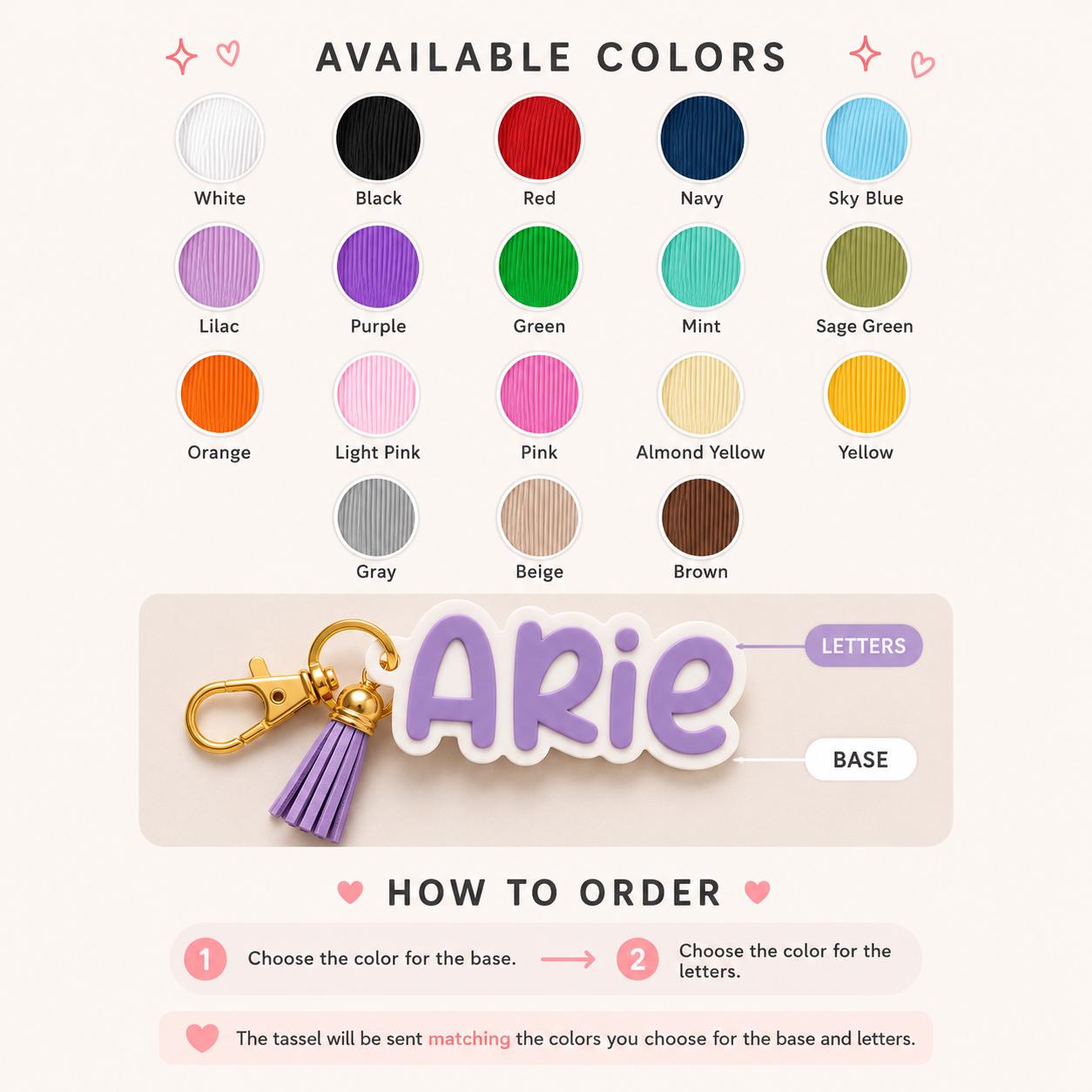Custom name keychain color chart showing available base and letter colors with instructions for choosing a personalized color combination.